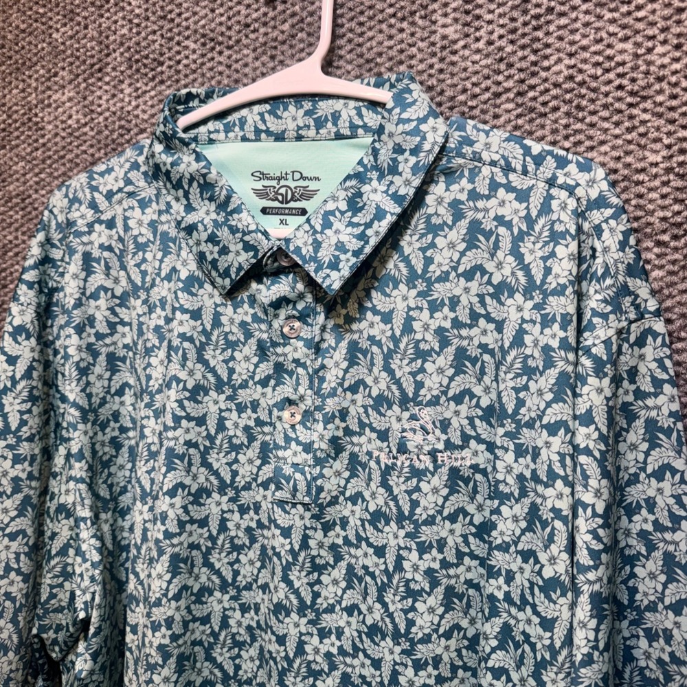 Straight Down Pelican Hill Golf Polo Shirt Mens XL Teal Floral Performance XL